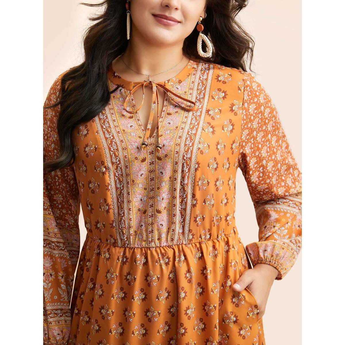 Plus Size Boho Print Tie Knot Midi Dress Turmeric Women Resort Tie knot V-neck Long Sleeve Curvy BloomChic 10/M Product Image
