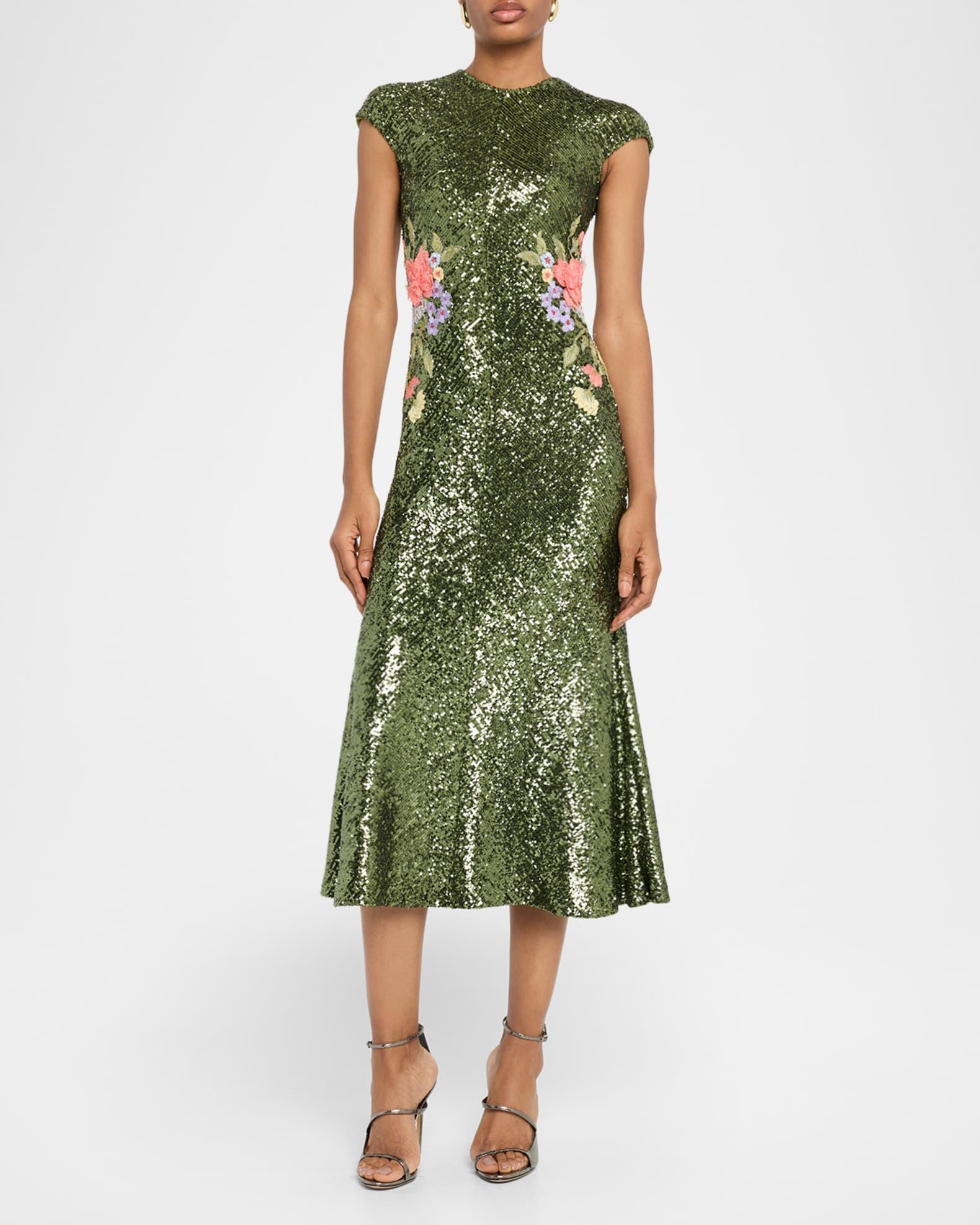 Floral Embroidered Stretch Sequin Cap-Sleeve Midi Dress Product Image