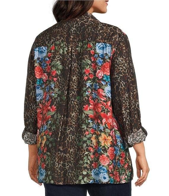 John Mark Plus Size Animal Skin Floral Multi Print Point Collar Long Roll-Tab Sleeve Button Front Tunic Product Image