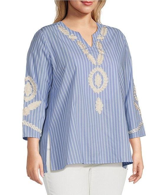 Calessa Plus Size Embroidered Patchwork Pinstripe Split V-Neck 3/4 Sleeve Tunic Product Image