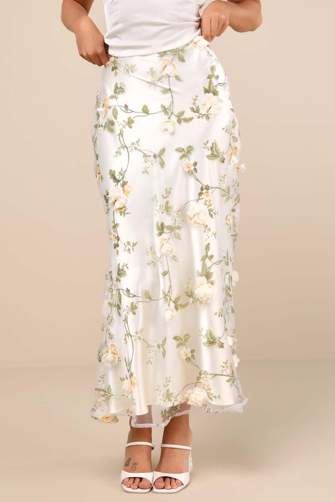 Aurelia Ivory 3D Floral Satin Maxi Skirt Product Image