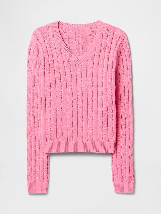 100% Cotton Cable-Knit V-Neck Sweater Product Image