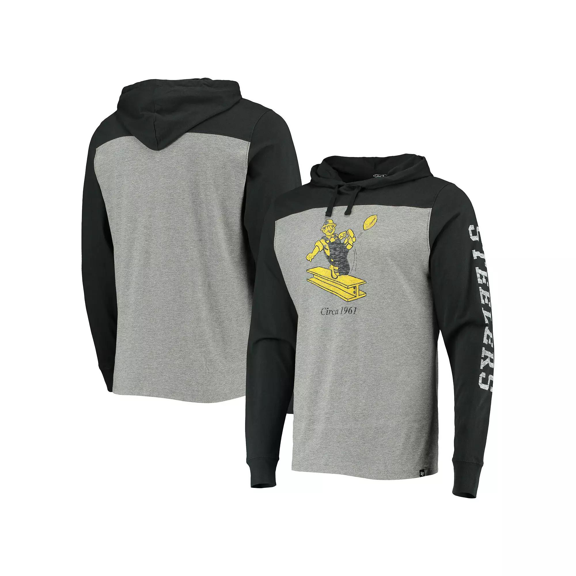 Men's '47 Heathered Gray Pittsburgh Steelers Franklin Wooster Throwback Long Sleeve Hoodie T-Shirt, Size: Small, Grey Product Image