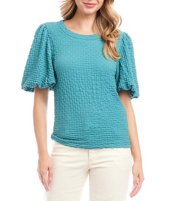 Karen Kane Petite Size Bubble Textured Crew Neck Elbow Puff Sleeve Top Product Image