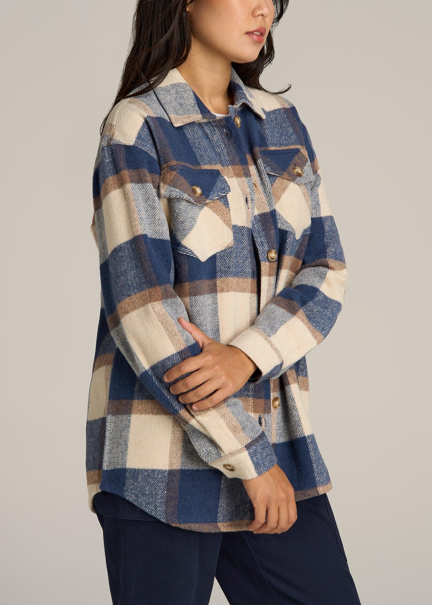 Flannel Shacket for Tall Women in Cream and Denim Blue Plaid Female Product Image