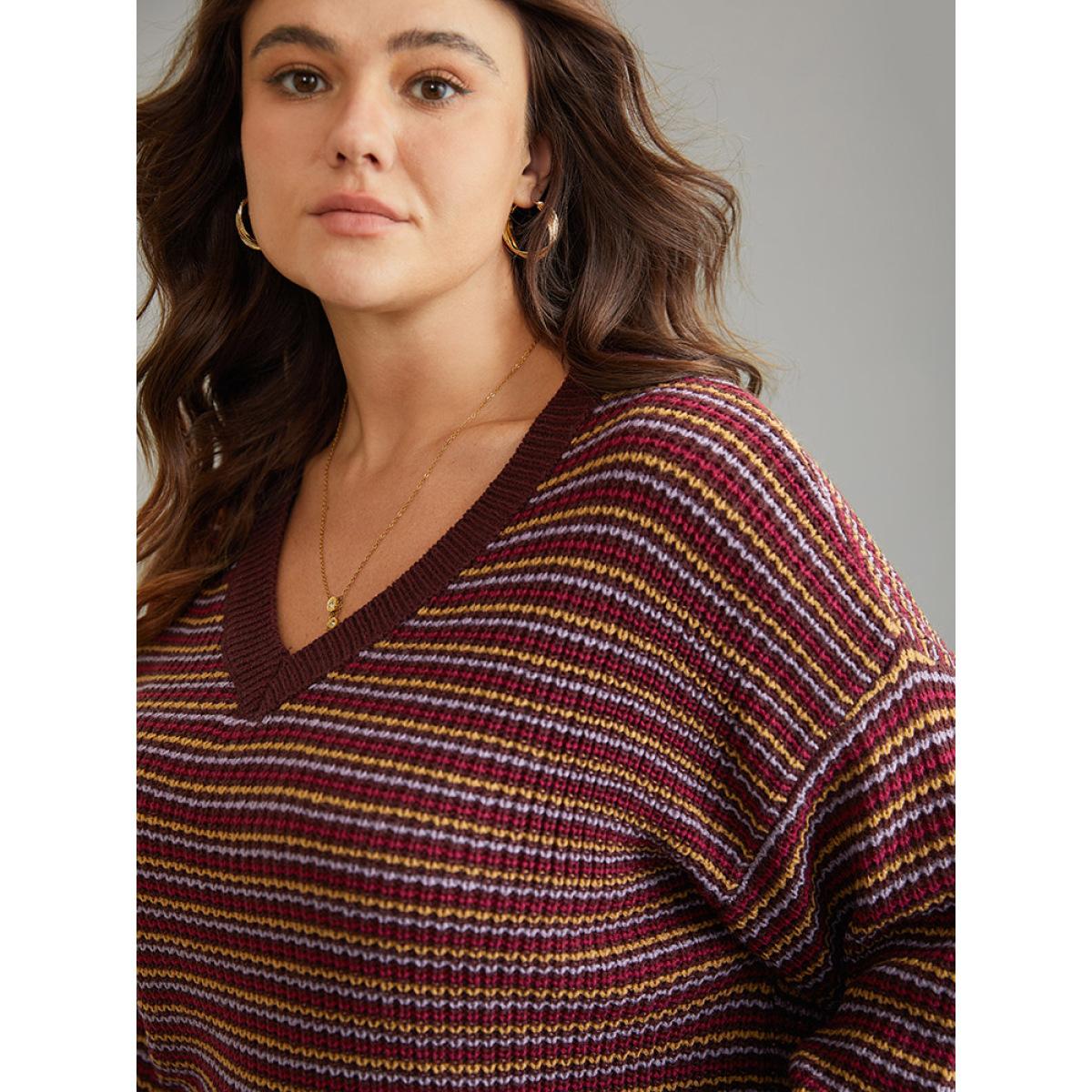 Plus Size Textured Striped Drop Shoulder Pullover Multicolor Women Casual Loose Long Sleeve V-neck Dailywear Pullovers BloomChic 22-24/3X Product Image