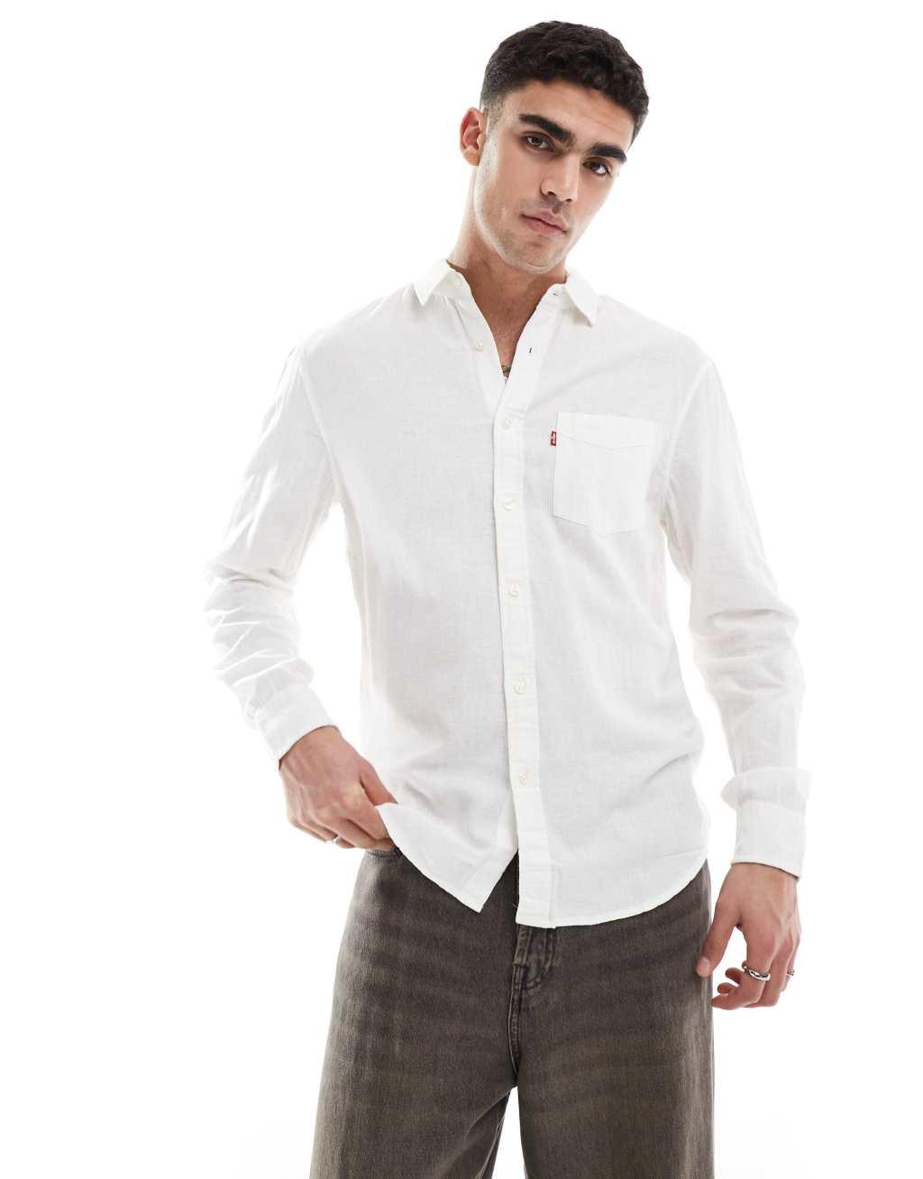 Levi's sunset 1 pocket linen cotton mix shirt regular fit in white Product Image