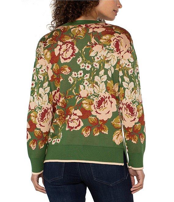 Liverpool Los Angeles Knit Jacquard Floral Print Crew Neck Long Sleeve Top Product Image