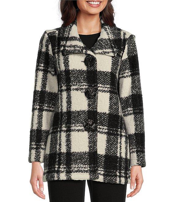 Ali Miles Plaid Boucle Collared 3/4 Sleeve Button Up Jacket Product Image