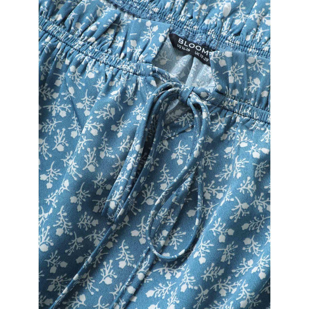 Plus Size Ditsy Floral Tie Neck Frill Trim Belted Dress Cerulean Women Elegant Non V-neck Short sleeve Curvy Midi Dress BloomChic 22-24/3X Product Image