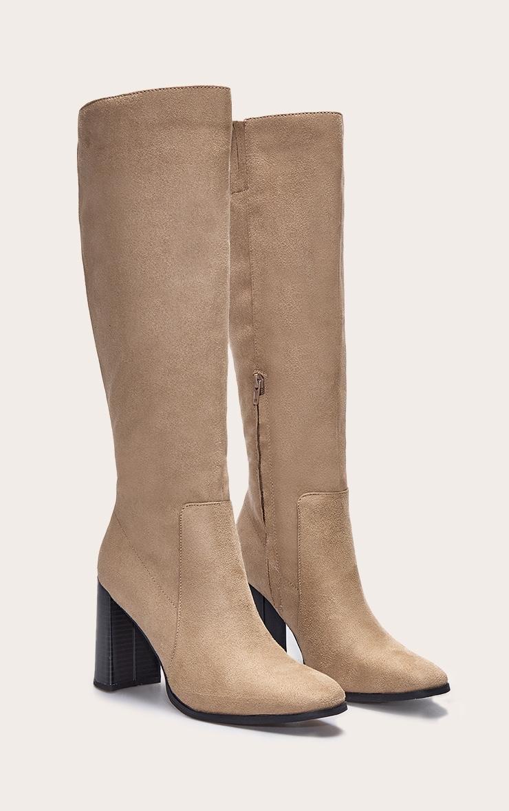 Stone Faux Suede Round Toe High Block Heel Knee High Boots Product Image