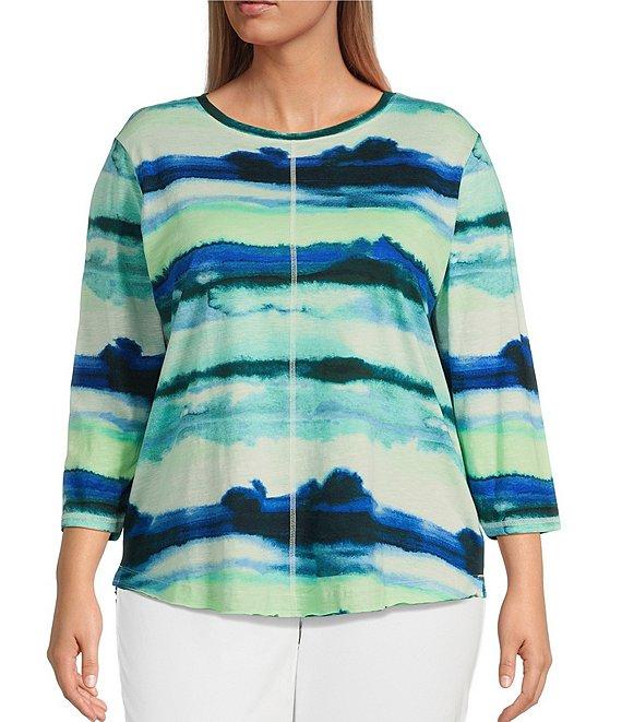 Westbound Plus Size Ocean Stripe 3/4 Sleeve Knit Crew Neck Top Product Image