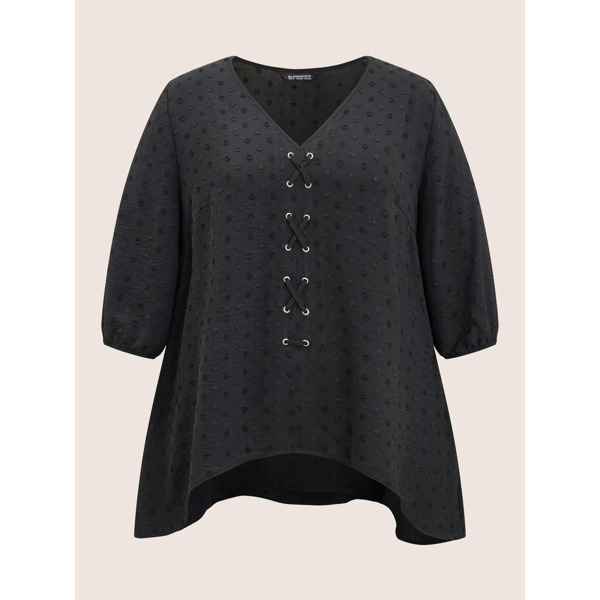 Plus Size Black Texture Drawstring Lantern Sleeve Arc Hem Blouse Women Casual Elbow-length sleeve V-neck Everyday Blouses BloomChic 14-16/1X Product Image