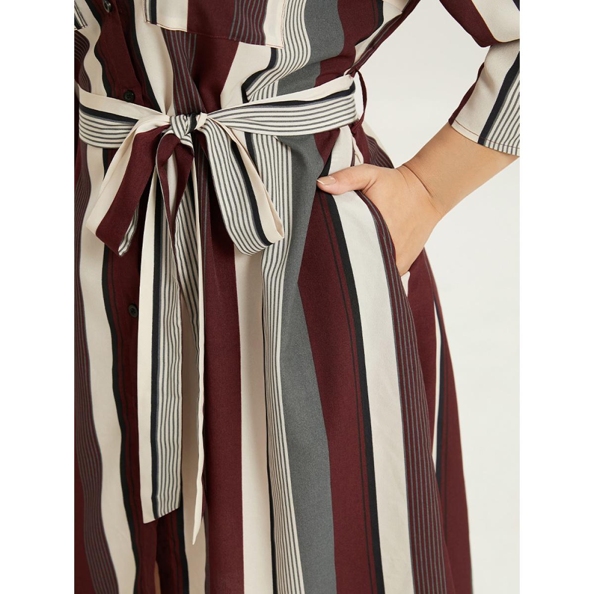 Plus Size Striped Contrast Pocket Button Through Belted Shirt Collar Dress Multicolor Women Work From Home Belted Shirt collar Elbow-length sleeve Curvy Midi Dress BloomChic 30/6X Product Image