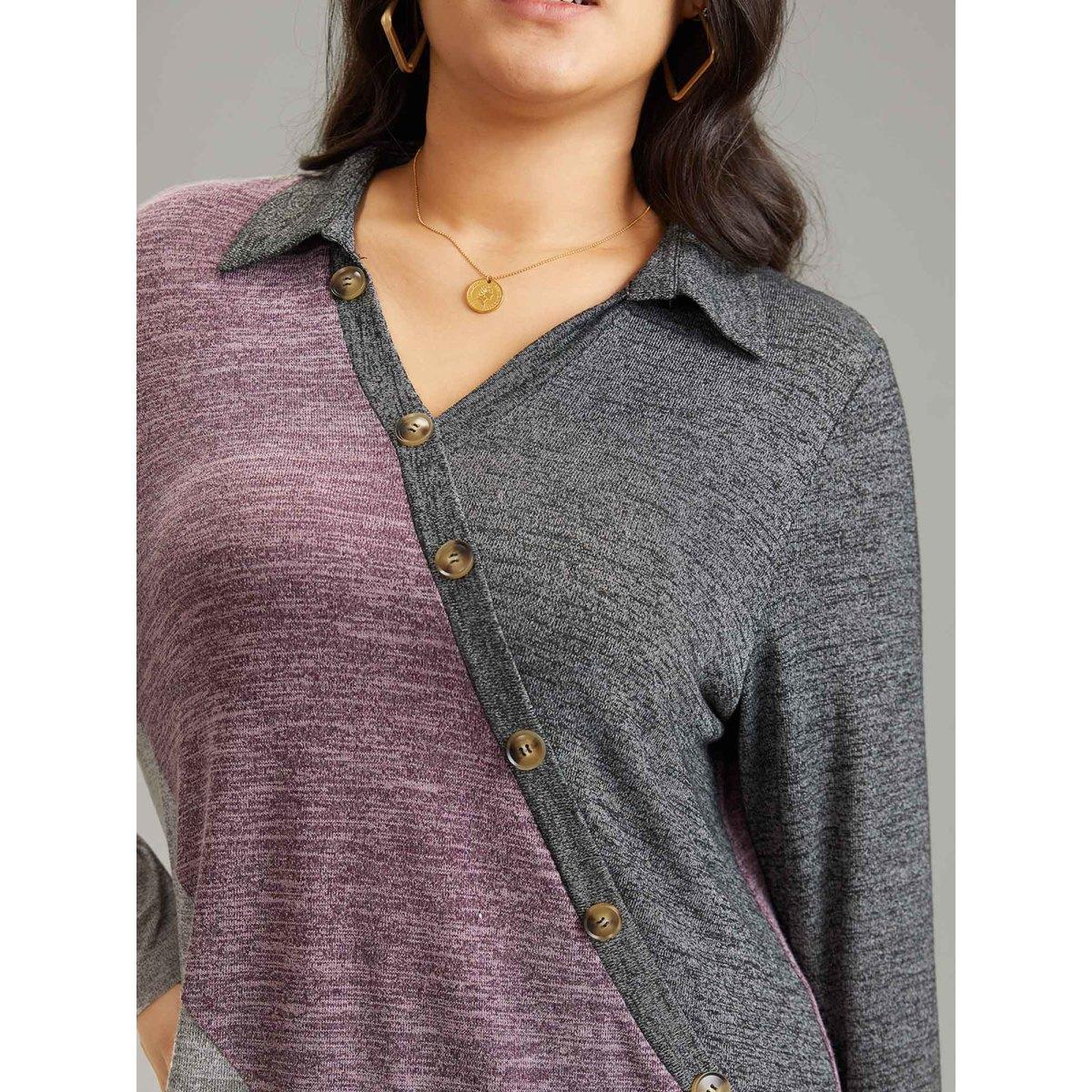 Plus Size Contrast Heather V Neck Button Detail T-shirt Multicolor Women Elegant Heather Plain V-neck Dailywear T-shirts BloomChic 22-24/3X Product Image