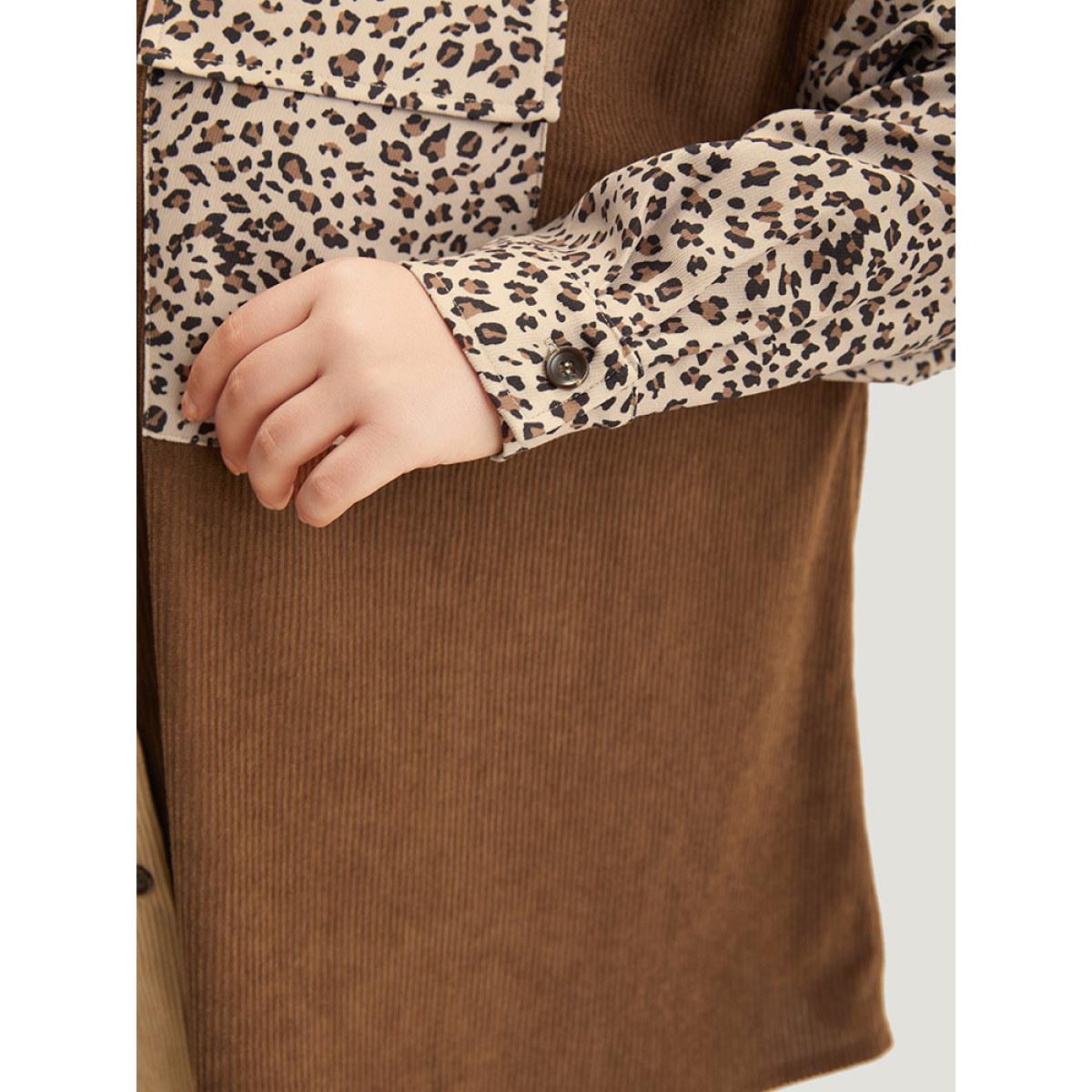 Plus Size Leopard Patchwork Pocket Contrast Button Through Coat Women DarkBrown Texture Pocket Dailywear Jackets BloomChic 12/L Product Image