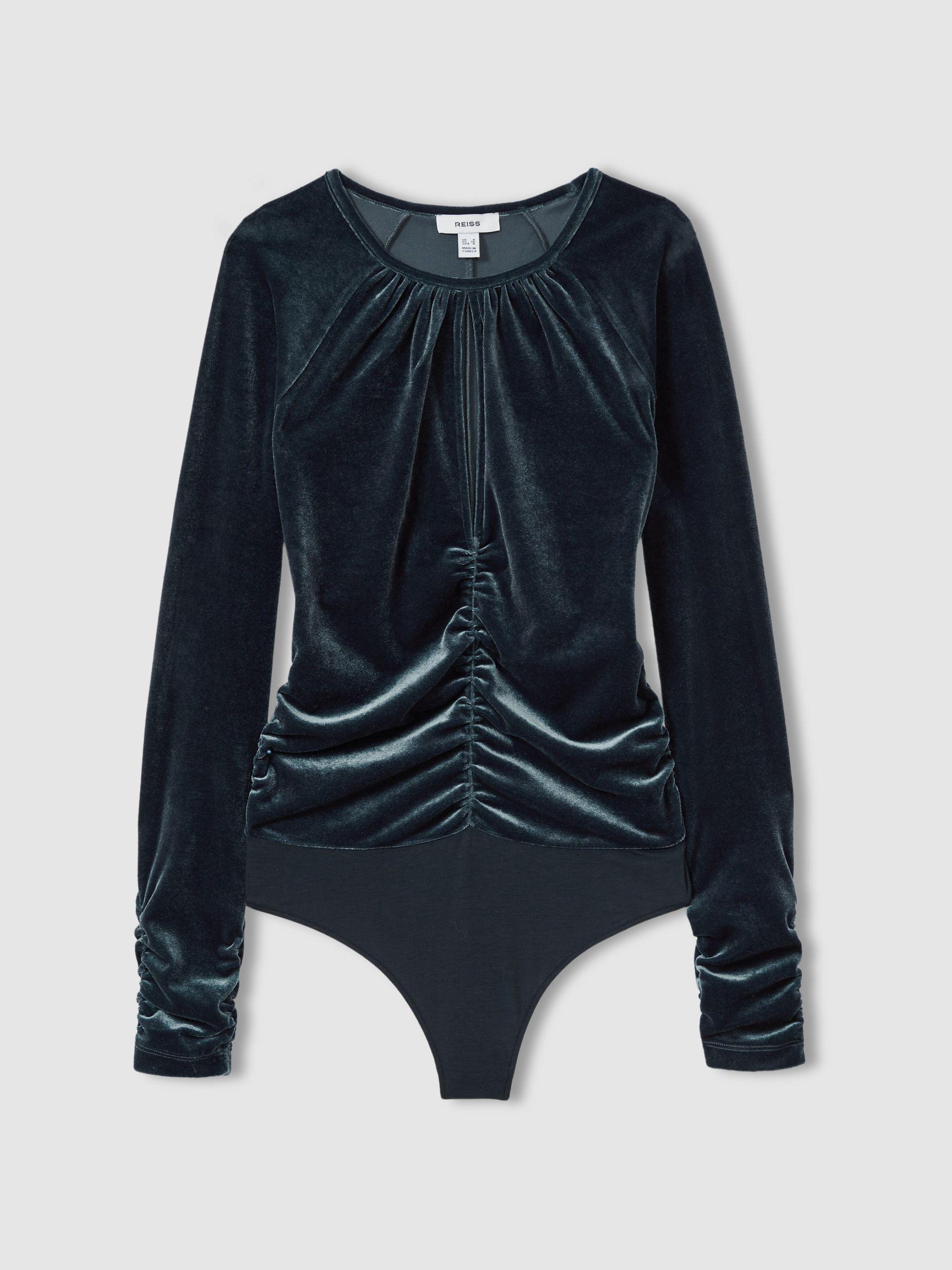 Velvet Ruched Keyhole Bodysuit in Slate Blue Product Image