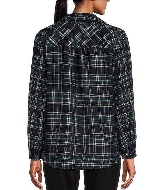 Westbound Tartan Plaid Print Long Sleeve Y-Neck Button Front Collared Top Product Image