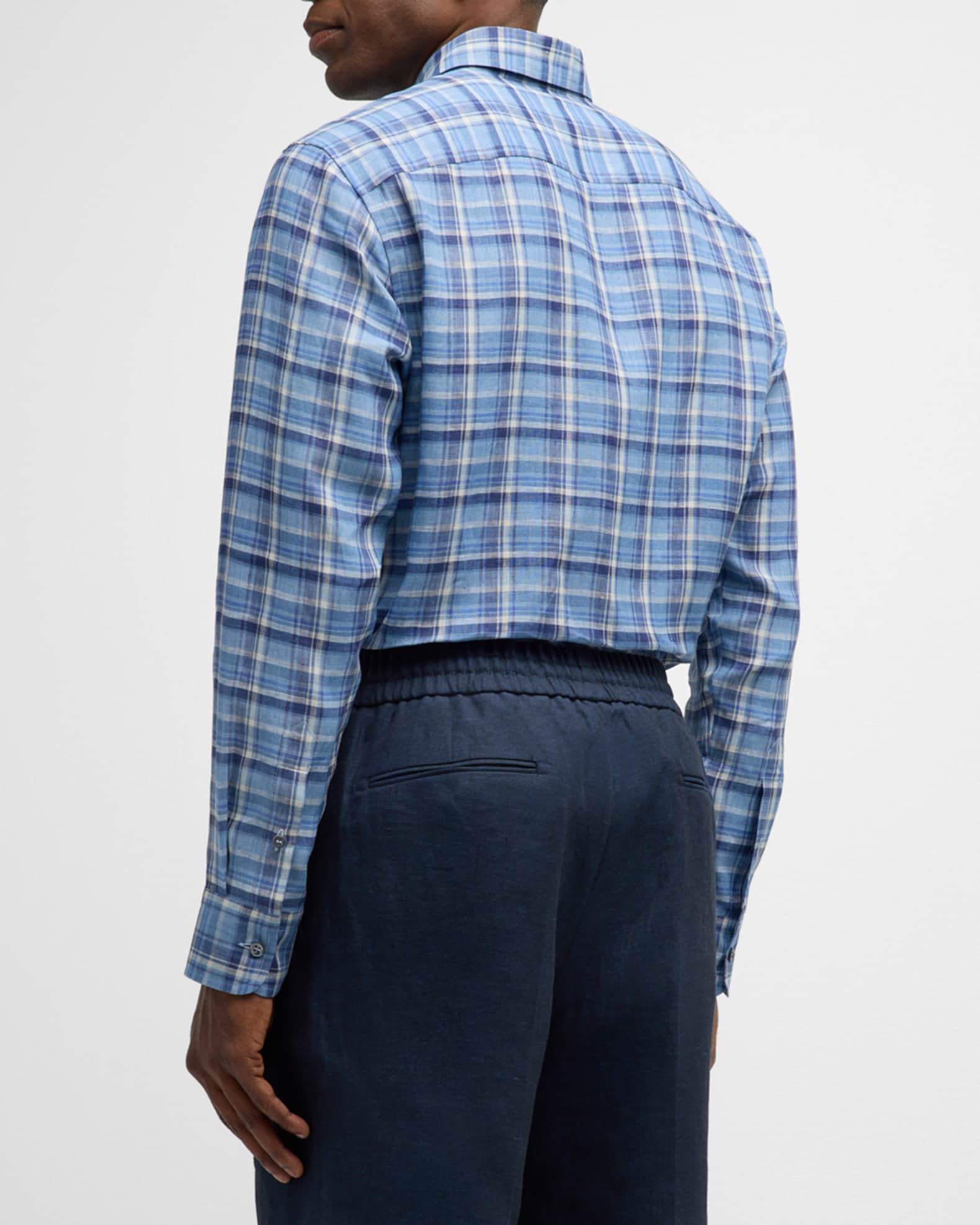 Men's Linen Plaid Casual Button-Down Shirt Product Image