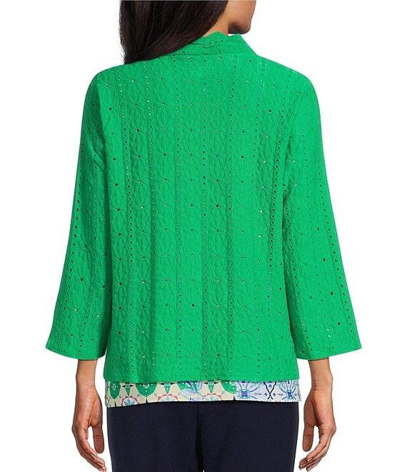Allison Daley Floral Eyelet Knit 3/4 Sleeve Open Front Cardigan Product Image