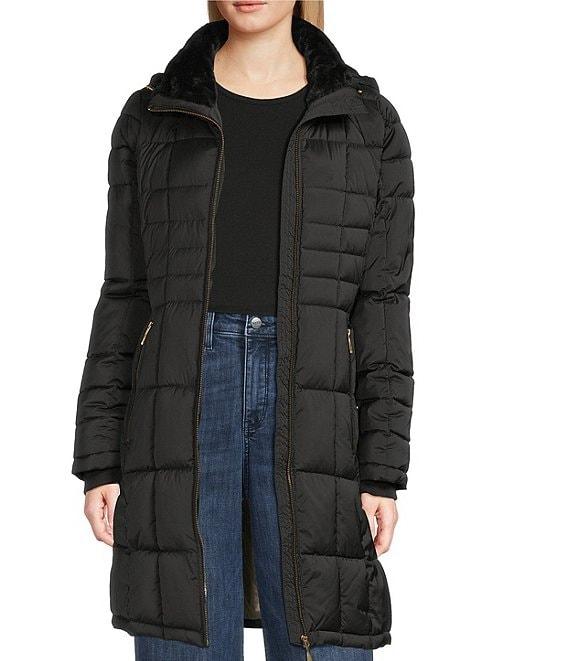 Donna Karan Faux Fur Trim Hooded Neck Zip Front Walker Puffer Coat Product Image