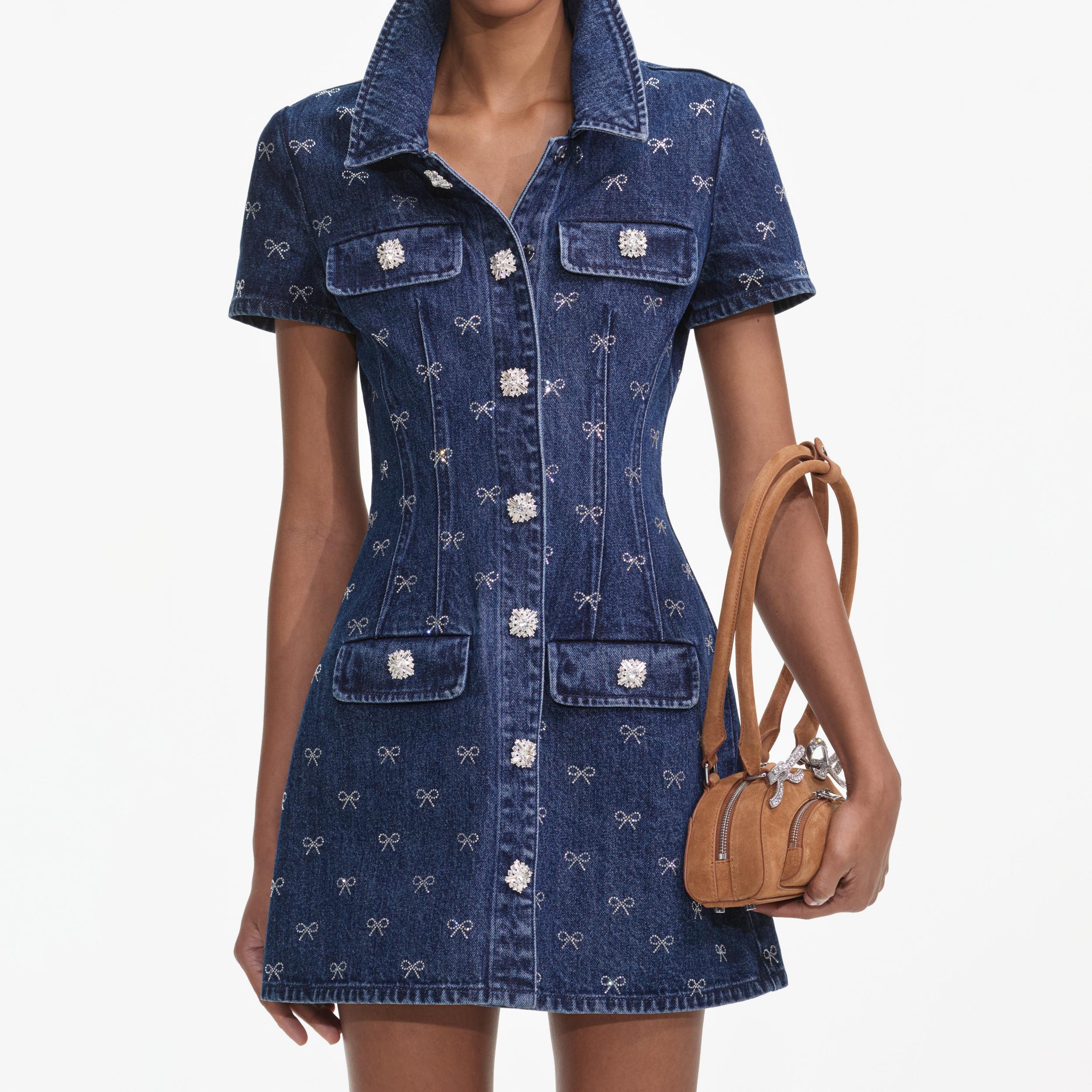Denim Diamante Bow Collared Mini Dress Product Image