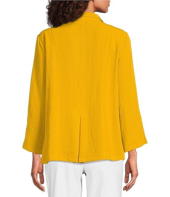Ali Miles Petite Size Woven Solid Wire Collar 3/4 Sleeve Pleated Hem Button Front Tunic Product Image