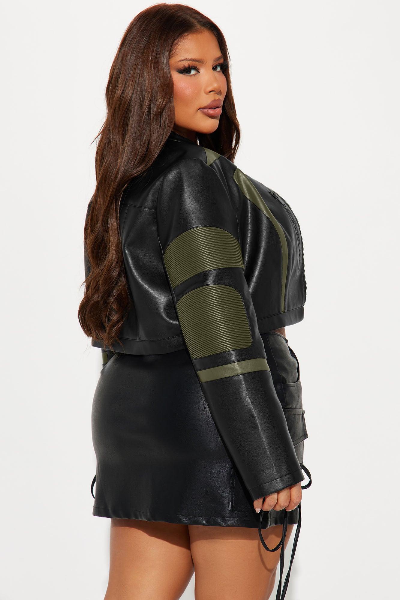 Not Like The Rest Faux Leather Moto Jacket - Olive/combo Female Product Image