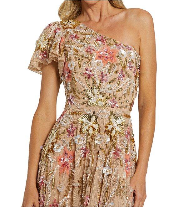 Mac Duggal Sequin One Shoulder Short Flutter Sleeve Gown Product Image
