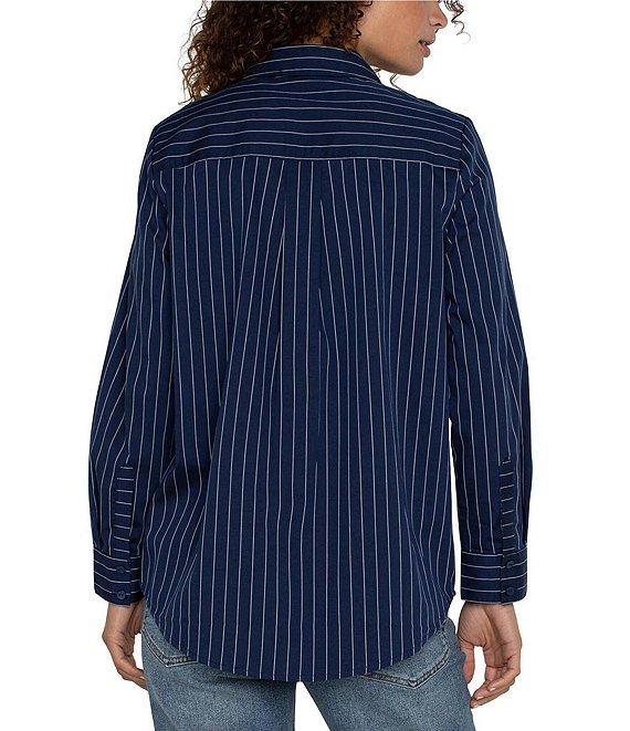 Liverpool Los Angeles Petite Size Pinstripe Cotton Poplin Collared Long Sleeve Button-Front Shirt Product Image