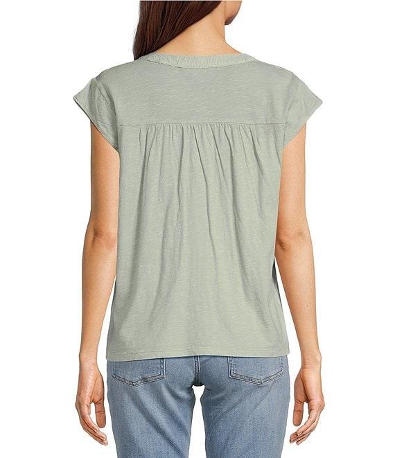 Lucky Brand Solid V-Neck Cap Sleeve Lace Trimmed Henley Tee Product Image
