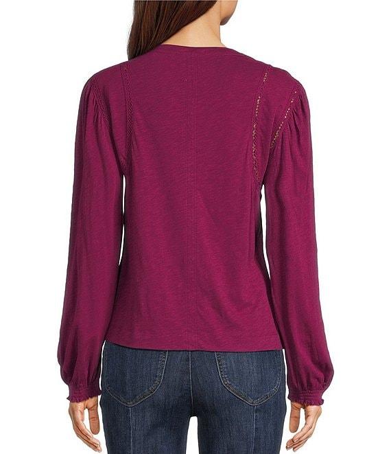 Democracy Petite Size Knit Crew Neck Long Sleeve Crochet Fagoting Detail Top Product Image