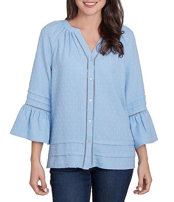 Ruby Rd. Woven Embellished Trim Clip-Dot Mandarin Collar 3/4 Sleeve Button-Front Top Product Image