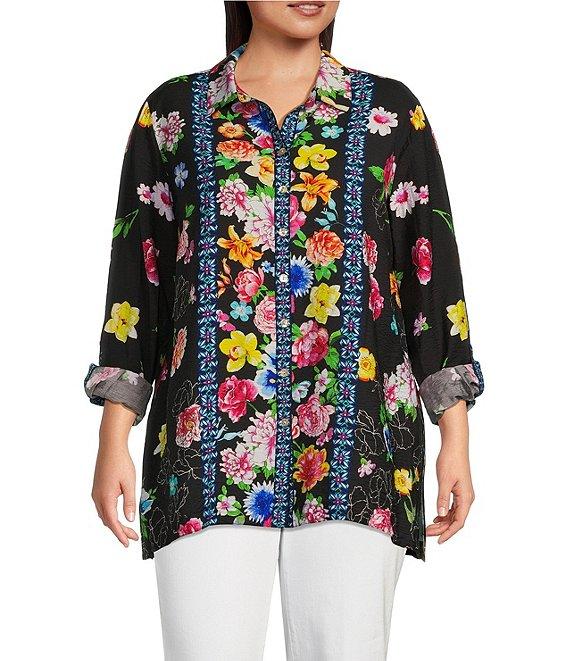 John Mark Plus Size Floral Point Collar Long Roll-Tab Sleeve Button Front Tunic Product Image