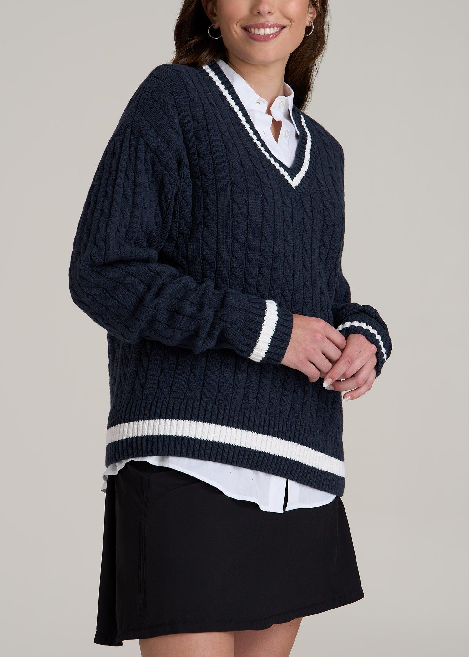 V-Neck Collegiate Sweater for Tall Women in Navy and Bright White Product Image