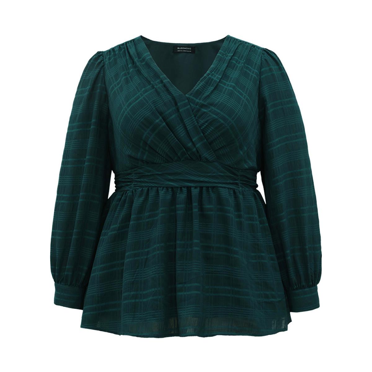 Plus Size DarkGreen Plaid Wrap Ruched Lantern Sleeve Blouse Women Office Long Sleeve V-neck Office Blouses BloomChic 28/5X Product Image