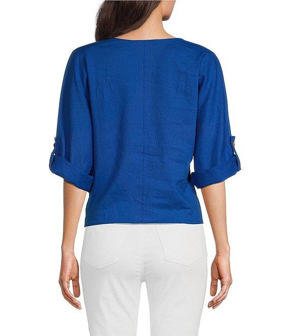 Charlie B. Linen Blend V-Neck 3/4 Sleeve Tie Front Top Product Image