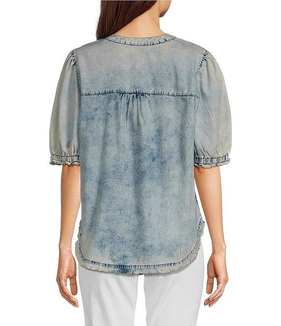 Tru Luxe Jeans Chambray Split V-Neck Short Sleeve Henley Top Product Image