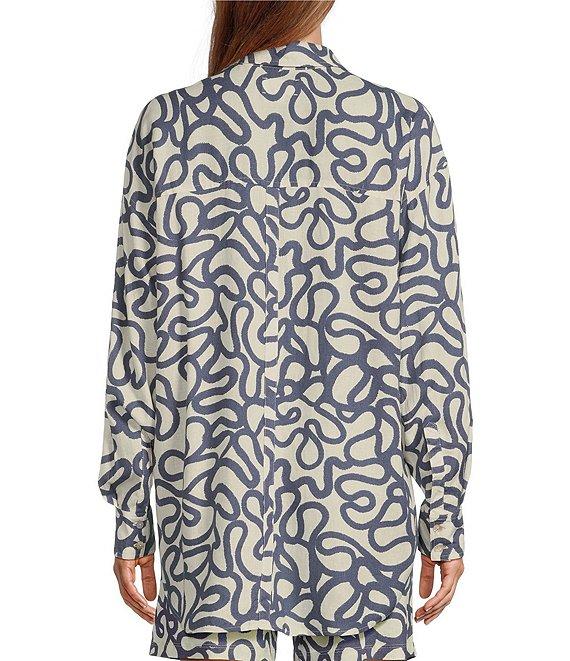 Every Linen Doodle Print Linen Blend V-Neck Long Sleeve Button Front Coordinaitng Blouse Product Image