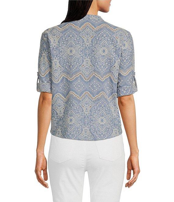 Charlie B. Eyelet Embroidered V-Neck 3/4 Sleeve Blouse Product Image