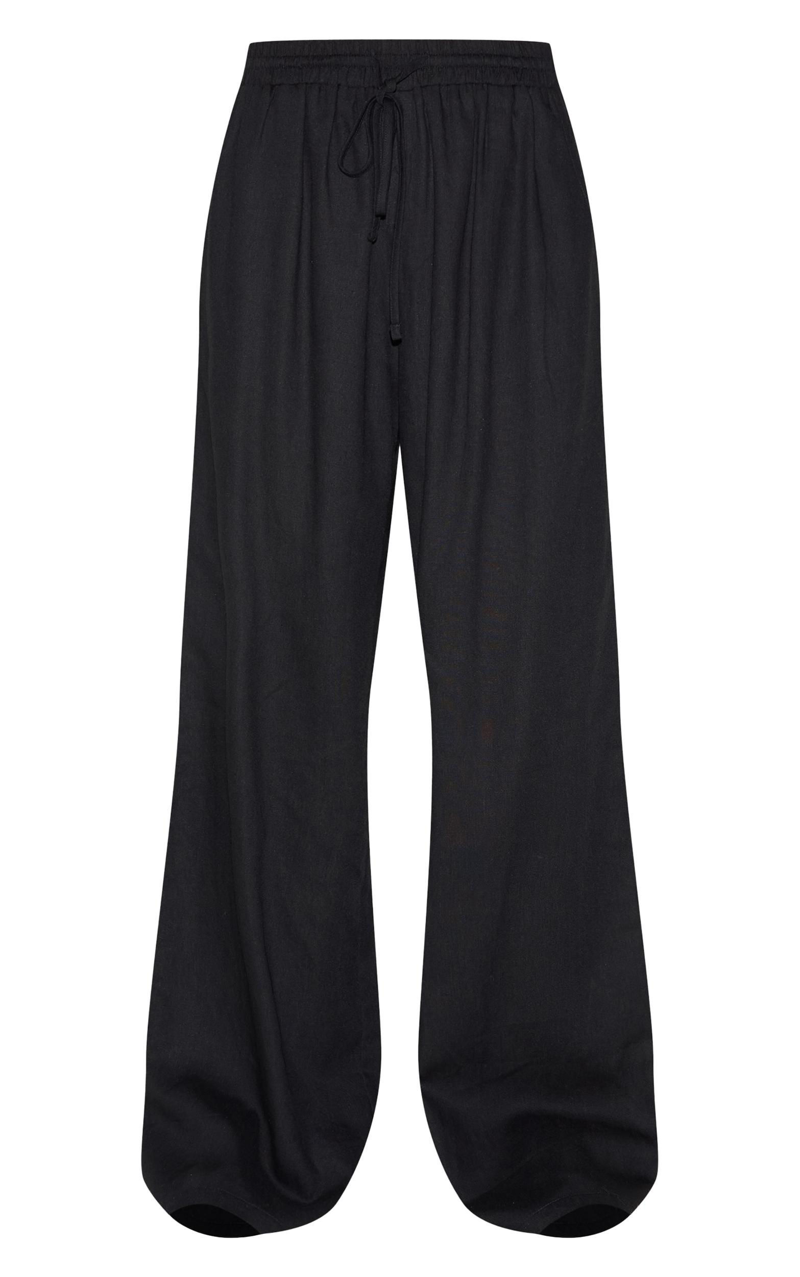 Black Linen Look Drawstring Wide Leg Pants Product Image