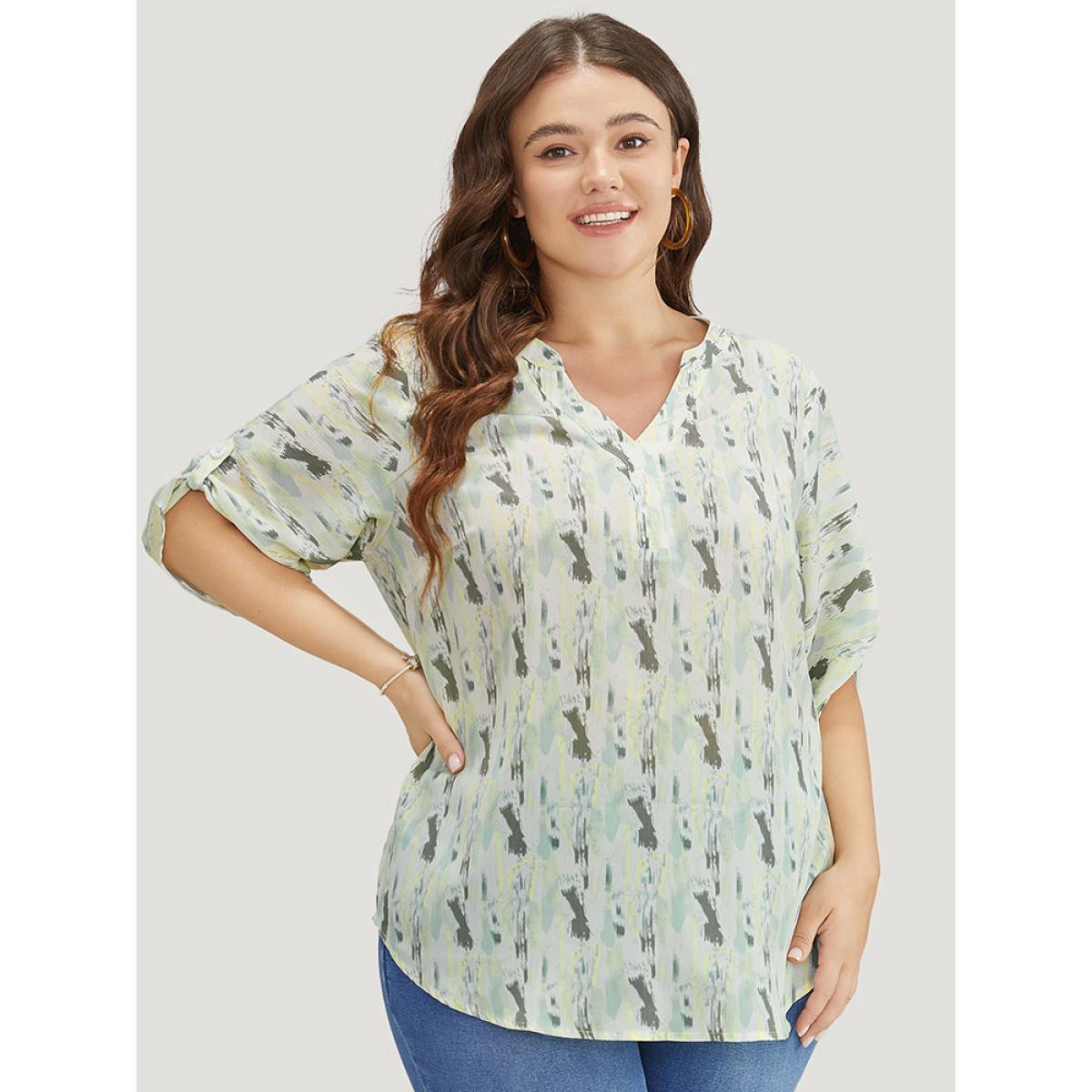 Plus Size LightGreen Brush Print Notched Neck Contrast Cuffed Sleeve Blouse Women Vacation Half Sleeve V-neck Dailywear Blouses BloomChic 18-20/2X Product Image