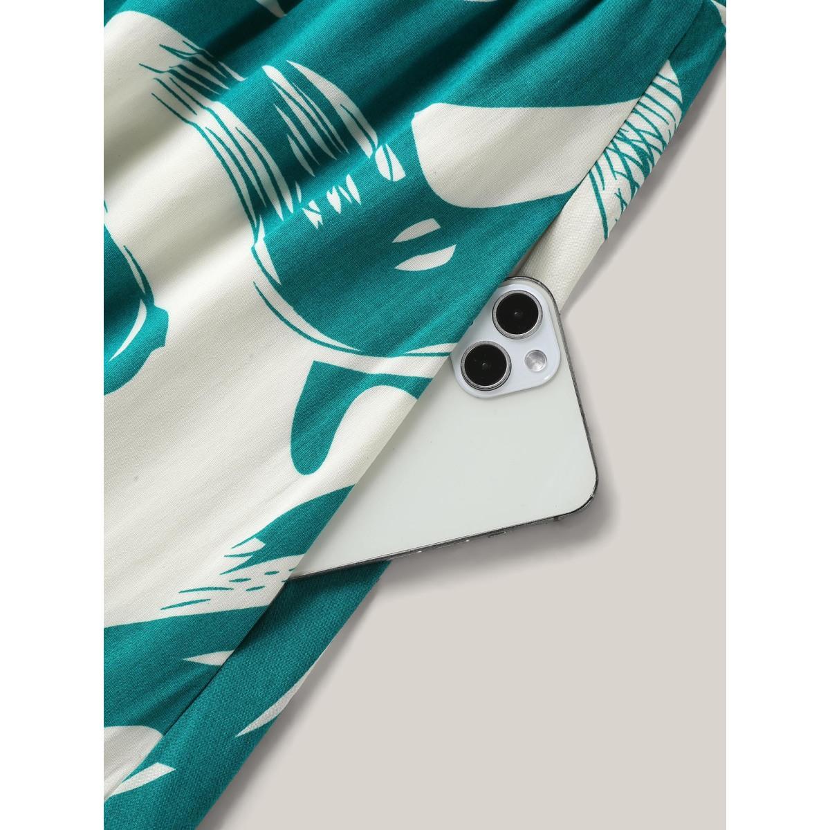 Plus Size Rayon Geometric Print Midi Dress Teal Women Flat collar with V-notch Short sleeve Curvy BloomChic 14-16/1X Product Image