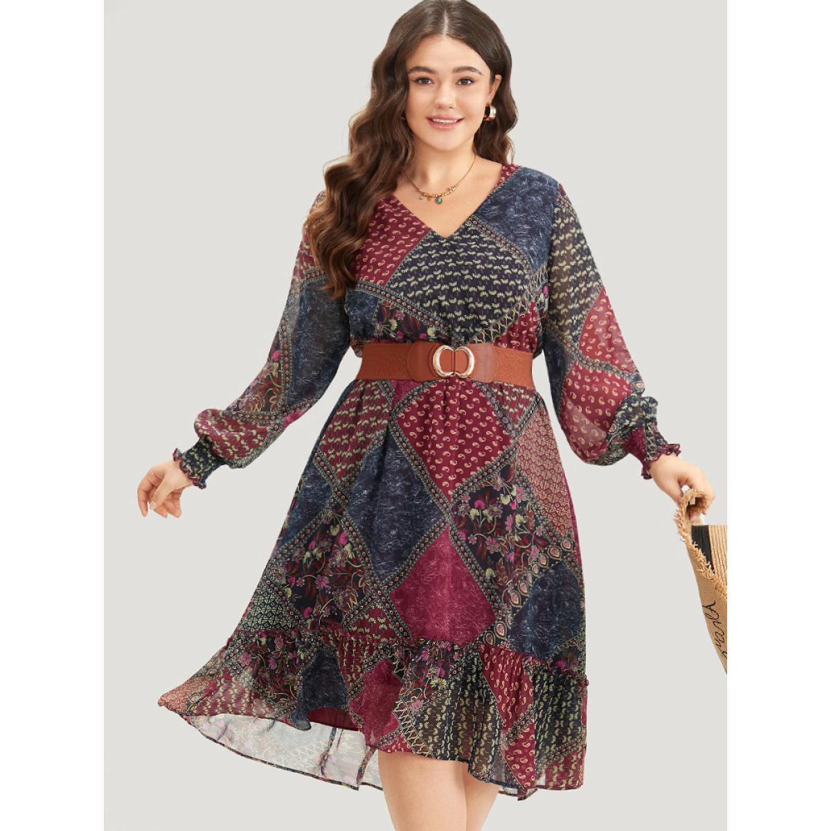 Plus Size Bandana Print Shirred Flutter Hem Dress Multicolor Women Vacation Elastic cuffs V-neck Long Sleeve Curvy Midi Dress BloomChic 18-20/2X Product Image
