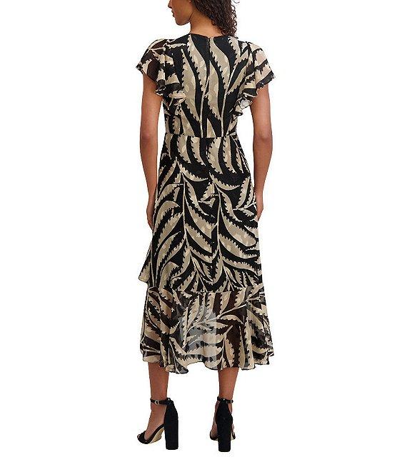 Kensie Printed Burnout Chiffon V-Neck Short Flutter Sleeves Ruffle A-Line Midi Dress Product Image