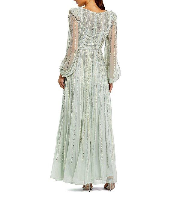 Mac Duggal Embellished Mesh Striped Beaded Boat Neck Long Sleeve Gown Product Image