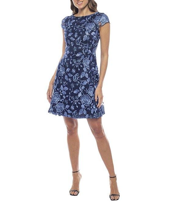 Marina Short Sleeve Floral Embroidered Fit and Flare Dress Product Image