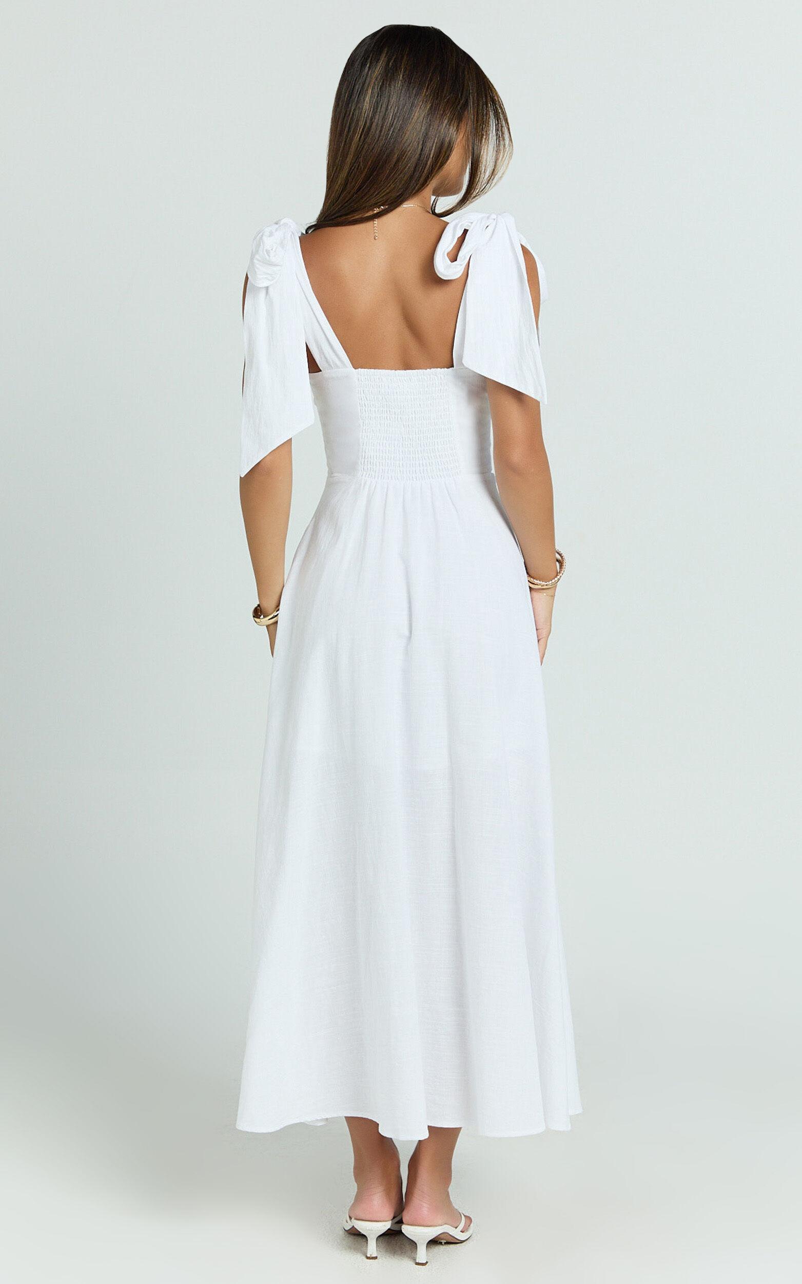 Tymia Midi Dress - Shoulder Tie Bustier Shirred Back A Line in White Product Image