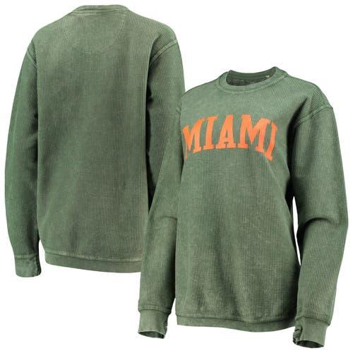 Women's Pressbox Green Miami Hurricanes Comfy Cord Vintage Wash Basic Arch Pullover Sweatshirt Product Image