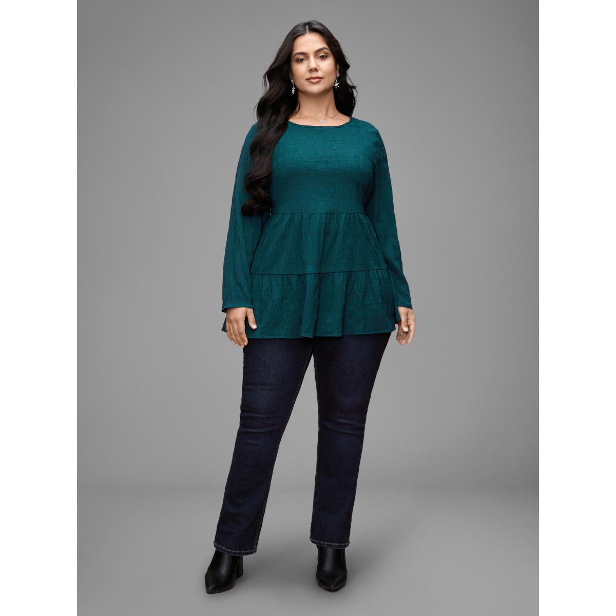 Plus Size Cyan Textured Round Neck Tiered Hem Blouse Women Casual Long Sleeve Round Neck Everyday Blouses BloomChic 28/5X Product Image